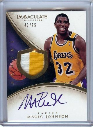Magic Johnson 2013 - 14 Panini Immaculate 2 Col Patch/auto Lakers 190 42/75