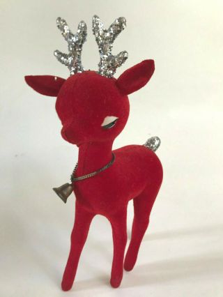 Vtg Japan Christmas 8 " Red Flocked Blow Mold Reindeer Glitter Antler & Tail Bell