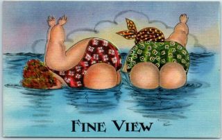 Vintage Comic Postcard 2 Fat Ladies Ocean Bathing " Fine View " Linen C1950s