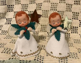 Vintage 1950’s Christmas Angels Decoration Figures White Felt Plastic Heads