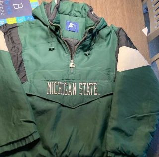 Vintage Msu,  Michigan State Spartans Starter Pullover Jacket With Hood -