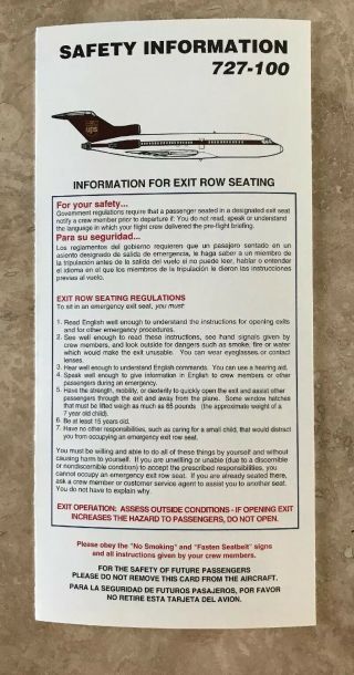 Ups United Parcel Service Airlines B727 Passenger Safety Card Issued 1999