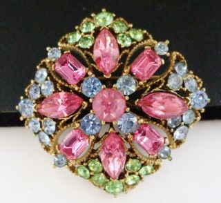 Lovely Vintage Maltese Cross Style Rhinestone Pin Brooch Pink Blue Green Stones