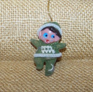 Vintage Eskimo Doll Christmas Ornament 2 " Flocked Green Velveteen Girl