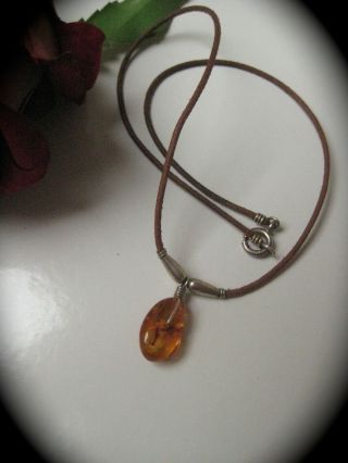 Vintage Sterling Silver 925 Amber Pendant / Choker With Leather Thong