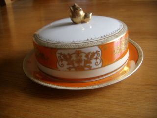 Vintage Noritaki Porcelain Butter Dish & Cover - - - Orange/white & Gold Decoration