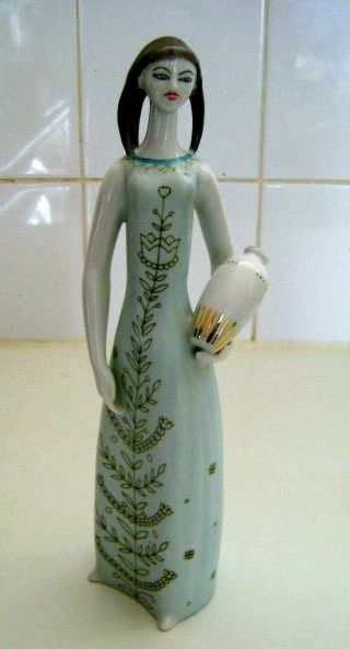 Vintage Hollohaza Hungary Porcelain Kezzel Festett Figure 11 " Lady With Pitcher