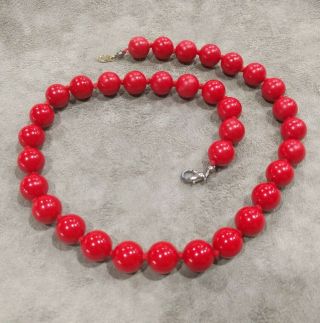 Sweet Vintage Round Bright Red Bead Necklace 18 " Long