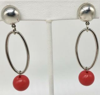 Vintage Silver Tone Dangle Clip On Earring With Red Bead