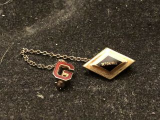 Vintage Gold Filled Seton Hall College Tie Pin With Chain & Letter G In Red Pin