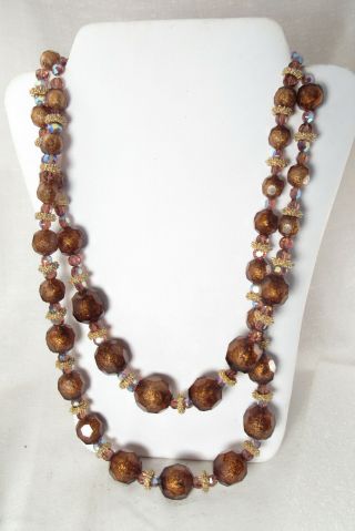 Vintage Golden Brown Amber Tan Aurora Borealis Crystal Double Strand Necklace