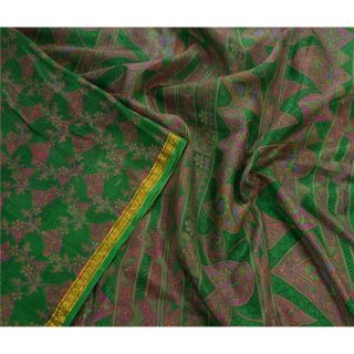 Sanskriti Vintage Indian Printed Saree 100 Pure Silk Craft Green Fabric Zari Bo