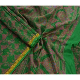 Sanskriti Vintage Indian Printed Saree 100 Pure Silk Craft Green Fabric Zari Bo 2