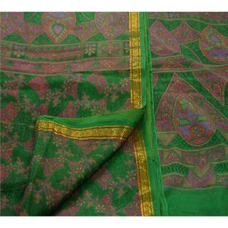 Sanskriti Vintage Indian Printed Saree 100 Pure Silk Craft Green Fabric Zari Bo 3