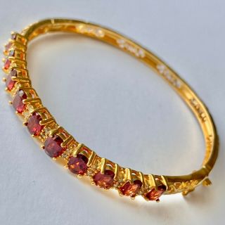 Vintage Gold Tn Scroll Filigree Garnet Gem Rhinestone Hinged Bangle Bracelet 492