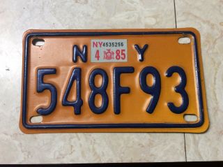 Vintage York State Motorcycle License Plate,  Yellow Gold & Blue,  1985 548f93