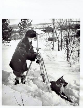 1961 Vintage Photo Russian Woman Scientist & Malinois Puppy Survey Snowy Land