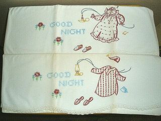 Vintage Embroidered Pillowcase Set Of 2 Good Night Cross Stitch Crochet Handmade