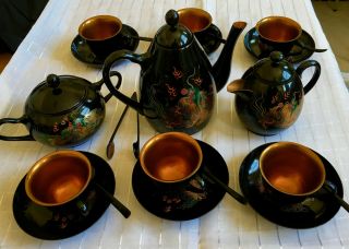 Vintage Japanese Black & Gold Lacquerware Tea & Coffee Set - Hand - Painted,  Dragon