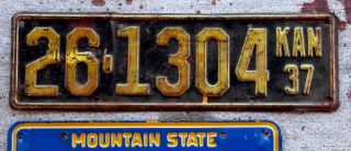 1937 Yellow On Black Kansas License Plate 26 = Mcpherson County