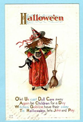 Vintage Halloween Postcard Embossed Witch Broom Black Cat Spider Web