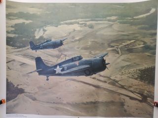 Vintage R.  G.  Smith " Golden Wings " Print F4f - 4 Marine Wildcats Over Guadalcanal