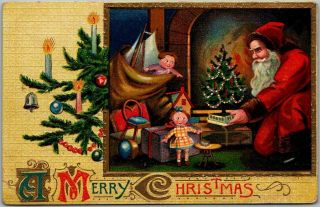 Vintage 1910s " A Merry Christmas " Embossed Postcard Santa Claus Toys Xmas Tree