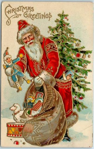 Vintage Christmas Greetings Postcard Santa Claus In Red & Gold Robe 1910 Cancel