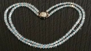 Czech Vintage 2 Rows Aqua And Clear Faceted Glass Bead Necklace