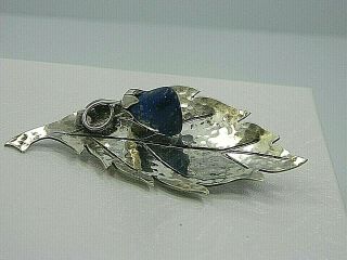 Exquisite Vintage 900 Silver Lapis Lazuli Gemstone Leaf Brooch
