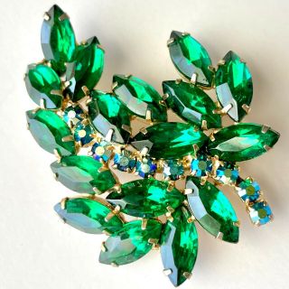 D&e Juliana Vintage Emerald Green Marquise Rhinestone Flower Leaf Brooch Pin 244