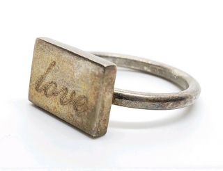 Vintage Signed 925 Sterling Silver Mexico Brutalist " Love " Etched Signet Ring