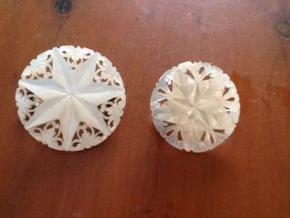 2 X Vintage Hand Carved Mother Of Pearl Star Brooches