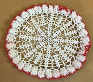 Vintage Hand Crocheted Doily,  Round,  Flower Design,  Scalloped Ruffled Edges,  Red