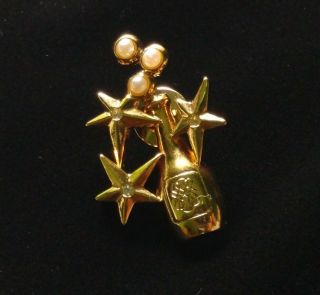 Vintage Avon Champagne Bottle Tack Pin / Brooch Gold Metal Stars Faux Pearls