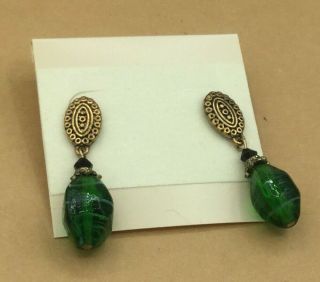 Vintage Style Earrings Art Glass Green Swirl Drop Brass Top Post Pierced