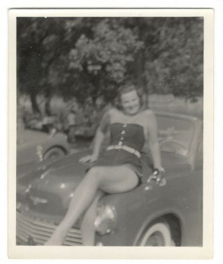 Vintage Blurry Photo Sexy Young Woman Posing On Car Legs 1950 
