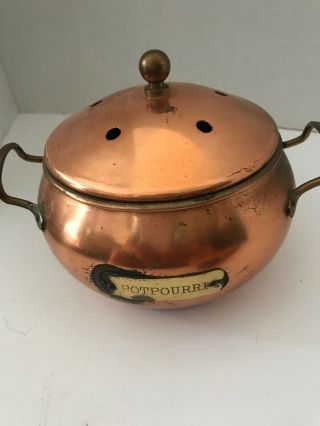 Vintage Copper Pot Potpourri Holder With Brass Handles And Lid