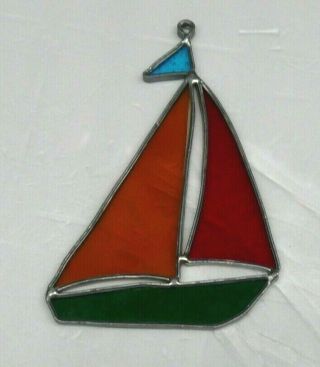 Vintage Stain Glass Lead Sun Catcher Colorful Sail Boat