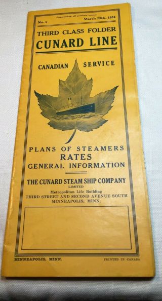 1924 Cunard Steam Ship 3rd Class Folder Rates Deck Plans Railroad Rates Brochure