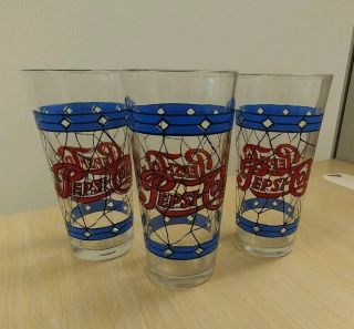 Vintage Pepsi Cola Tiffany Style Stained Glass Glasses Drinking 12oz Set Of 3