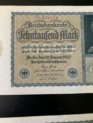Vtg 3 German 10000 Mark 1922 Reichsbanknote Reichsmark Consecutive Bank Notes 2