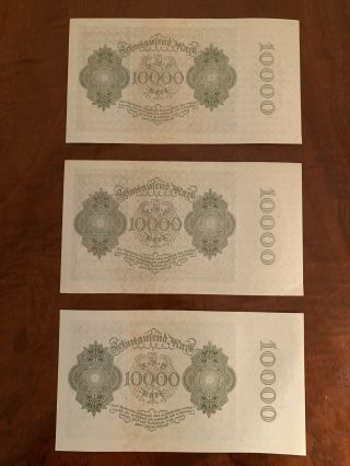 Vtg 3 German 10000 Mark 1922 Reichsbanknote Reichsmark Consecutive Bank Notes 3