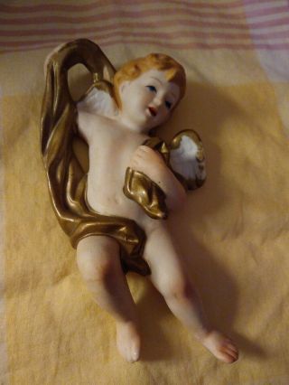 Vintage Nativity Porcelain Gold Cherub Angel Wall Hanging Christmas 6”