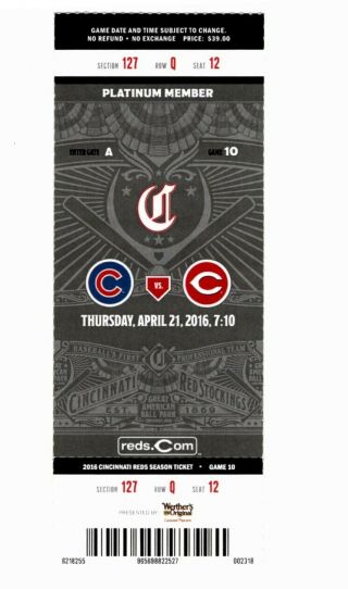 Jake Arrieta No - Hitter Full Ticket Cincinatti Chicago Cubs 4/22/16