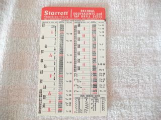 Vintage L.  S Starrett Precision Tools Decimal Equivalents & Tap Drill Sizes Chart