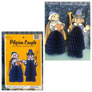 Vintage Beistle Thanksgiving Pilgrim Couple Honeycomb Art Tissue Centerpiece ‘84