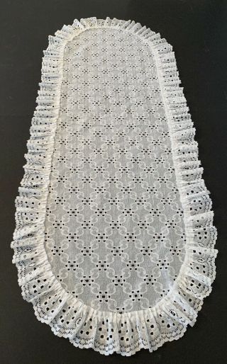 Vintage White Lace Dresser Scarf Oval With Ruffle 33 " X 13 1/2 "