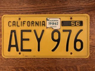 Vintage 1956 1957 California License Plate Aey976 1962 Tag Attached
