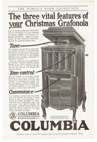 Vintage,  1915 - Columbia Grafonola Phonograph Advertisement - Music